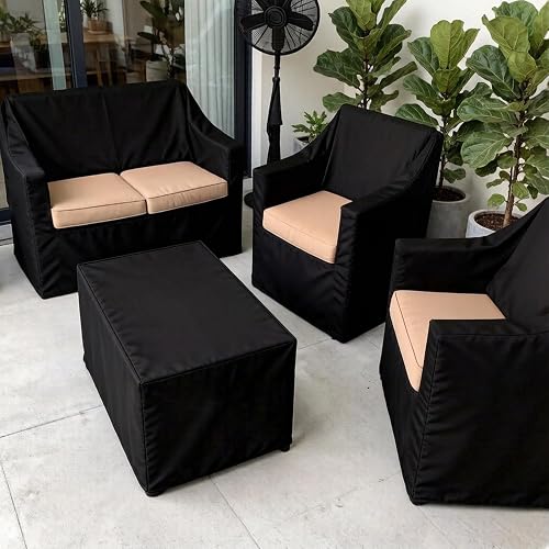 TOOSOAR Housse Salon de Jardin Extérieur 4 Pièces 420D Imperméable - Bâche de Protection avec Cordons de Serrage et Boucles Réglables pour Meubles de Jardin, Table, Banc et Chaises (Noir) - 6