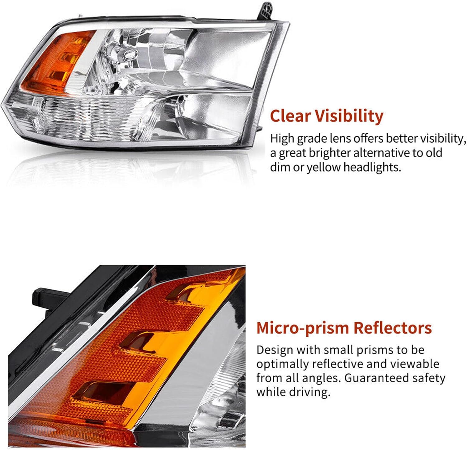 APSVE Headlights Assembly for 2009-2018 Dodge Ram 1500 Head lights compatible with 2010-2018 Ram 2500 3500 Headlamp Chrome Housing Amber Reflector Headlamp Replacement Left and Right