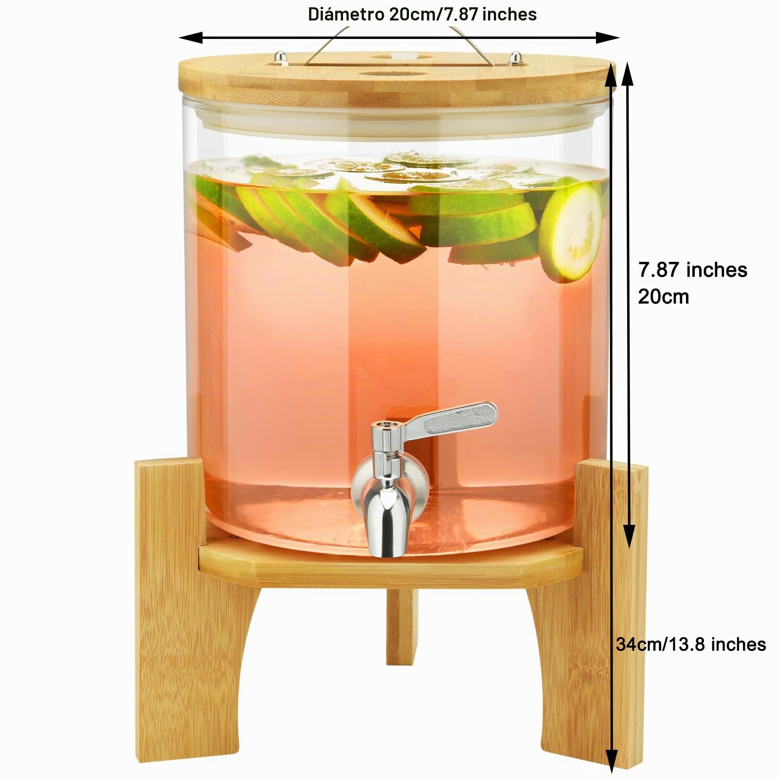 Hisredsun Dispensador de bebidas heladas o calientes de 5 litros con grifo de acero inoxidable | Apto para lavavajillas e incluye soporte de bambú, vidrio de borosilicato grueso que soporta -20 °C a 150 °C
