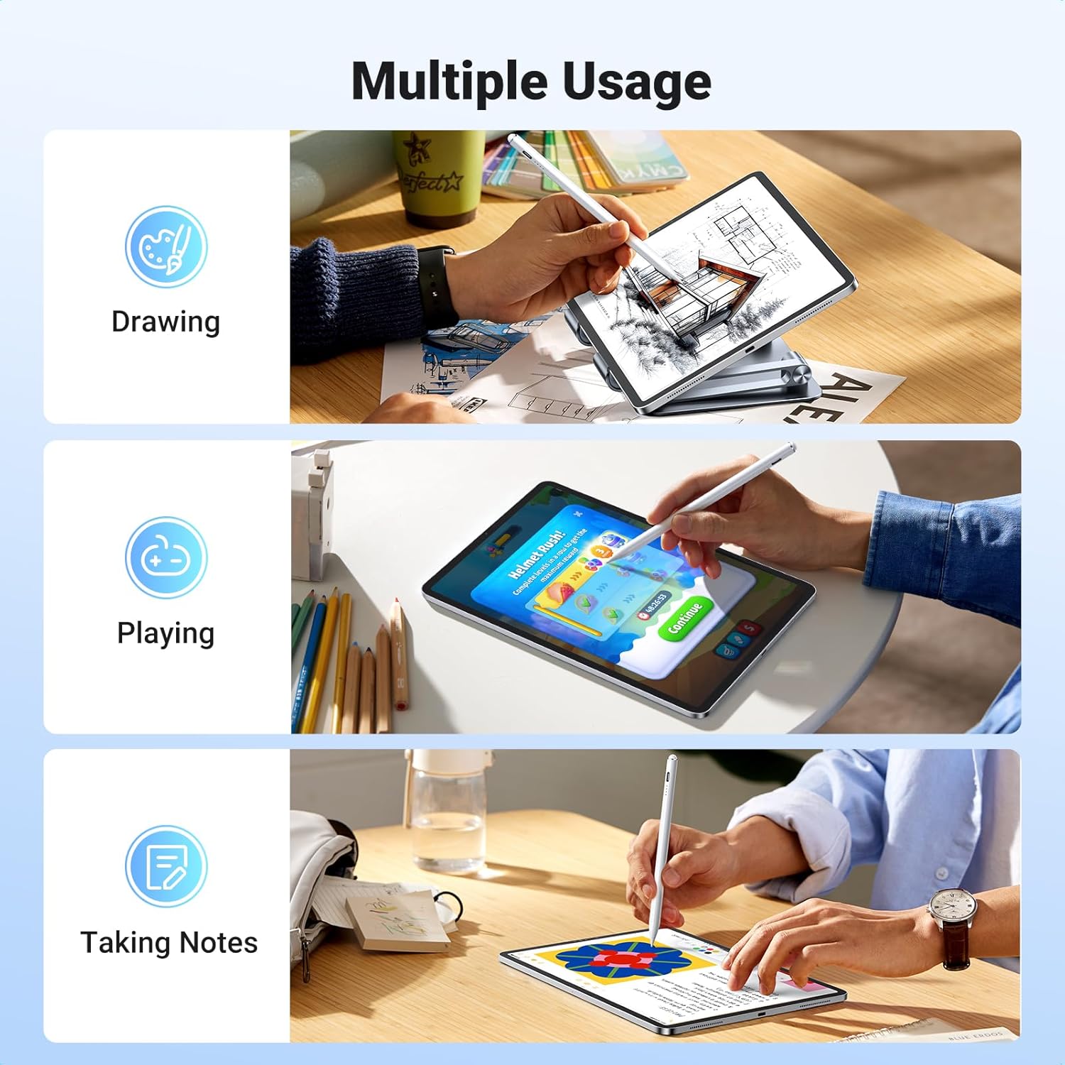 Images showing the UGREEN Stylus Pen being used for drawing, playing, and taking notes