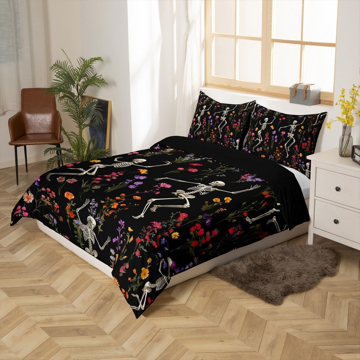 Homewish Śmieszne tańczące zestawy poszewek na kołdrę w rozmiarze king size czarna gotycka kwiatowa pościel dla kobiet mężczyzn, gotycka czaszka upiorna poszewka na kołdrę na Halloween, zestaw