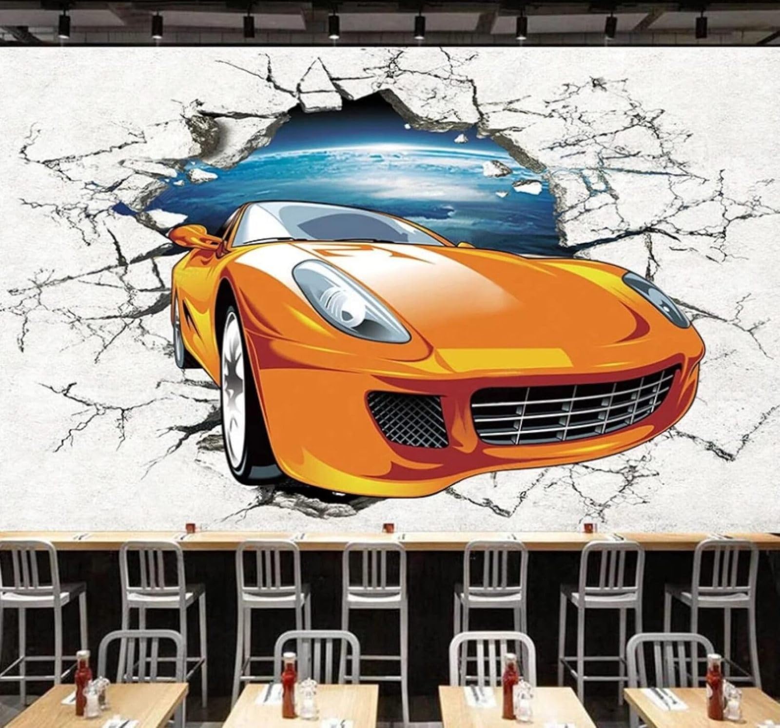 Xlming 200Cm×140Cm(B×H) Minimalist Three Dimensional Car Breaking Through A Wall Starry Sky 3D Wallpaper Luxury Home Dining Decor Paste Sofa Living Room The Wall For Bedroom Mural-200Cm×140Cm
