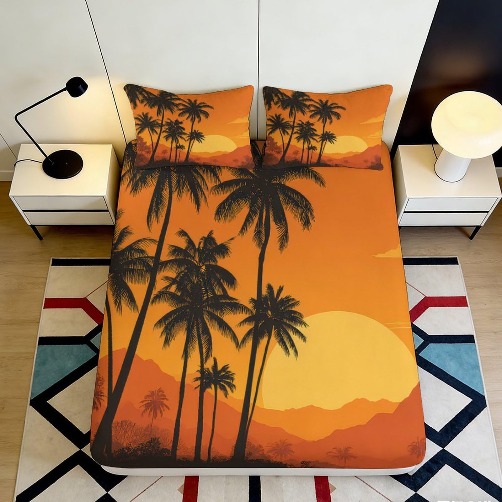 3D Printed Sunset Palm Landscape Fitted Sheet Microfiber Soft Orange Tropical Forest Mattress Cover Bedroom Decor 120x200x25cm