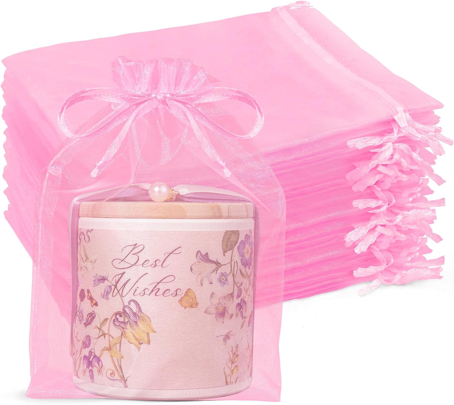Crweety 50 Pcs Pink Organza Bags 6x9 Inches, Large Mesh Gift Bags Drawstring, Jewelry Treat Mesh Bag Drawstring for Wedding Party Favors Baby Shower Valentine's Day