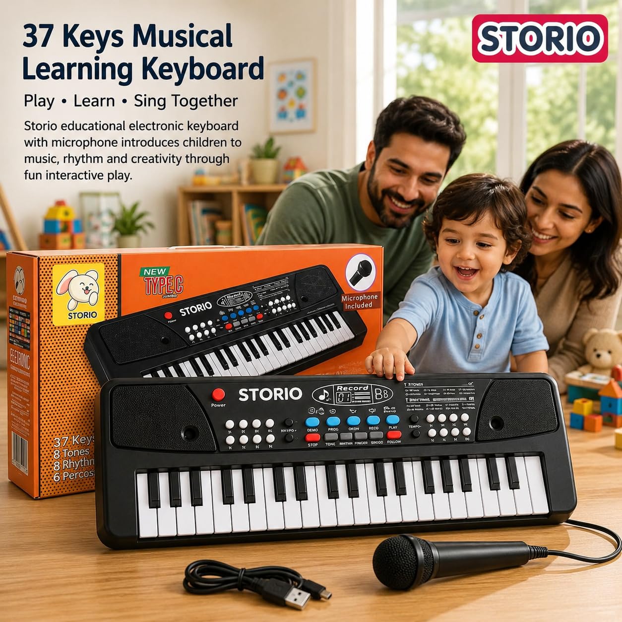 Storio Kids Piano Keyboard with Mic | 37 Keys, 8 Rhythms, 8 Tones & 6 Demo Songs | Electronic Musical Toy for Boys & Girls Age 2-5 | Educational & Recording Keyboard for Beginners — Amazon image 2