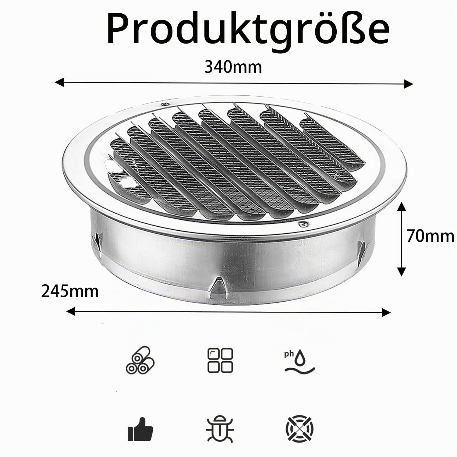 2 Stück Lüftungsgitter 250mm Edelstahl,Rund Abluftgitter mit Insektenschutz für Außenwandkanal,für Küche, Badezimmer