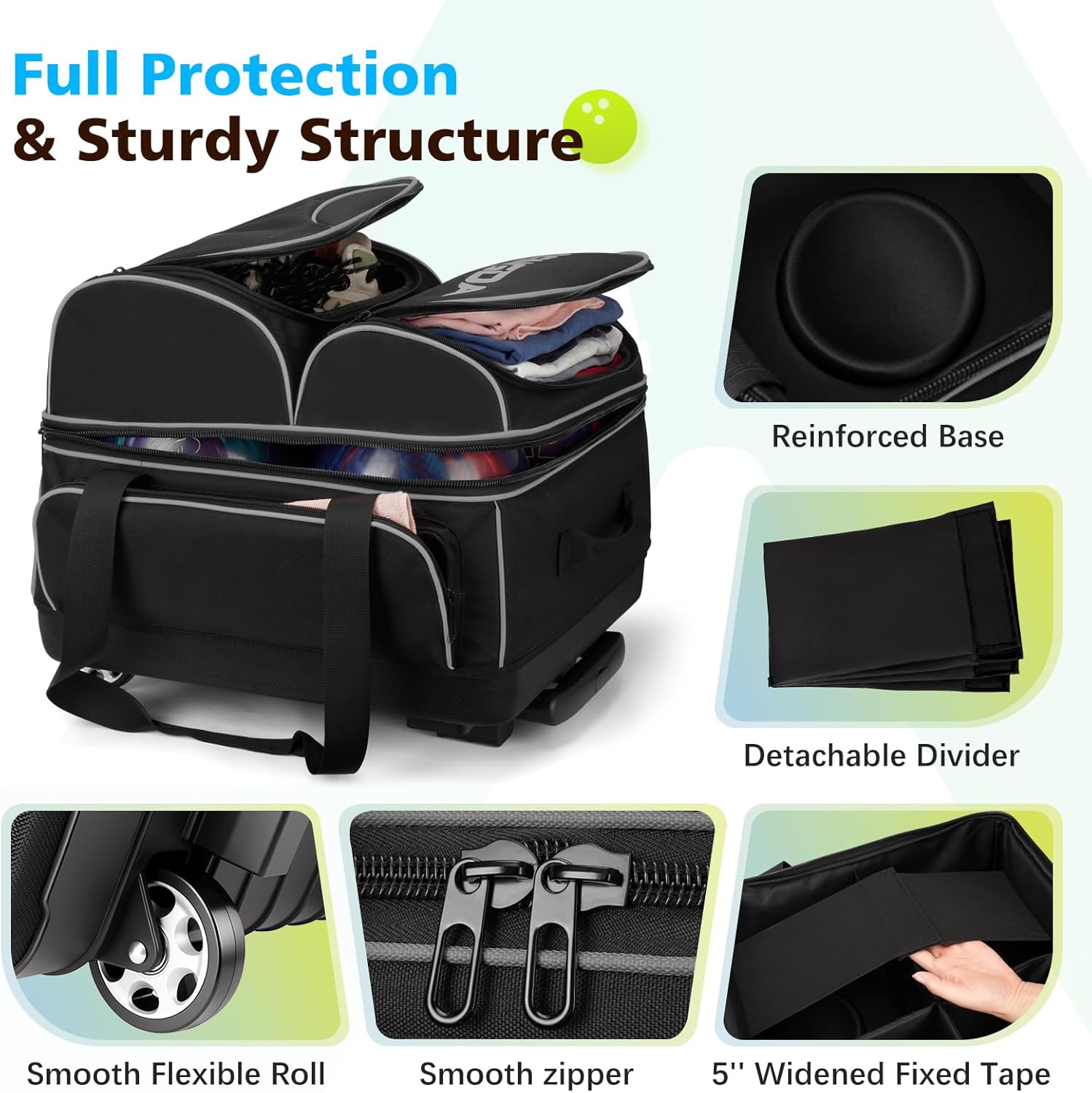 4 Ball Bowling Bag with Wheels,Integrated Main Compartment,900D Heavy Duty Bowling Roller Bag with Shoe Compartment, Telescoping Handle,Multiple Accessory Pockets for League Tournament Travel