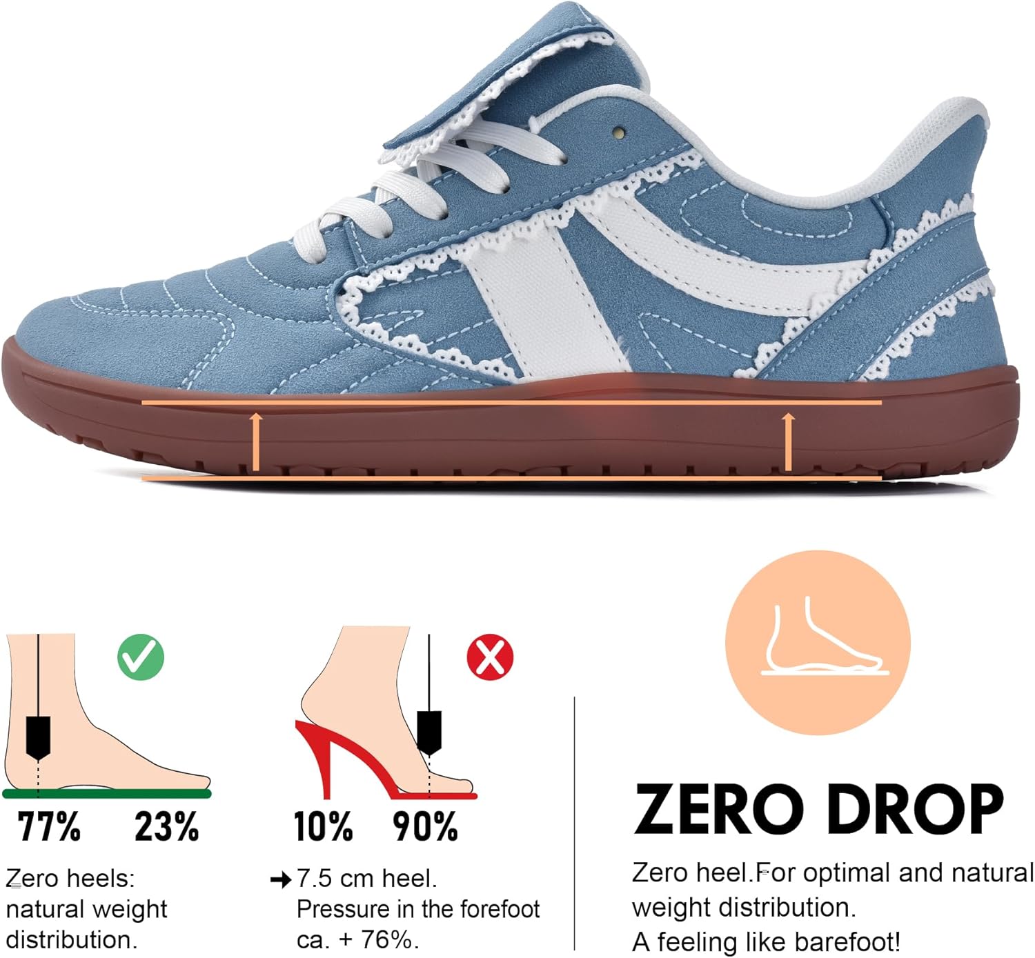 JACKSHIBO Barefoot Shoes Slip in Women Hands Free Wide Toe Box Slip on Ribbon Long Tongue Arch Support Walking Tennis Lace Sneakers for Plantar Fasciitis Orthopedic Zero Drop Gum Sole Minimalist Shoe - Image 5