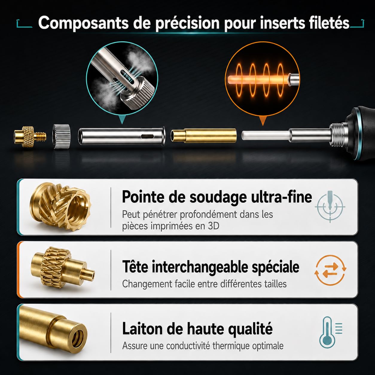 310 Pièces Inserts Filetés M2-M8, Kit de Fer à Souder pour Inserts Taraudés, Insert Impression 3D pour Pièces en Plastique