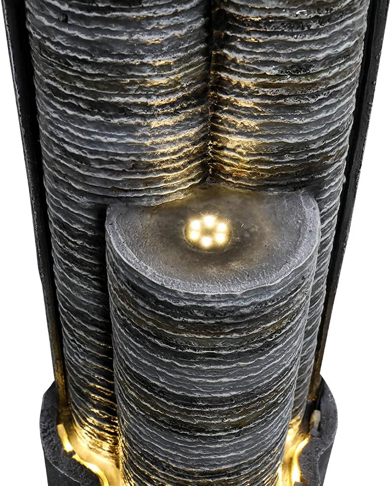 watnature Modern Indoor Outdoor Waterfall Fountain - 39.5” H 3-Columnar Ripple Water Fountain with LED Lights, Cascading Tower Freestanding Water Feature for House, Office, Garden, Patio : Patio, Lawn & Garden