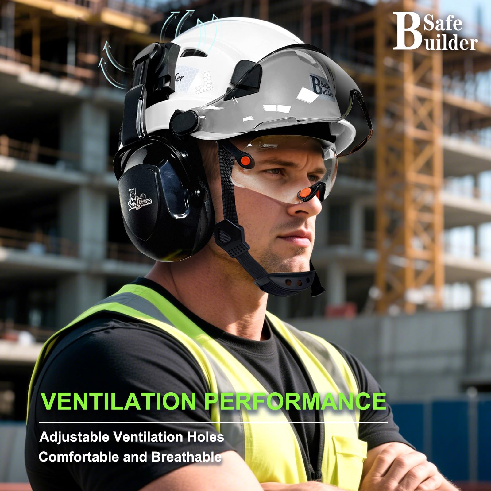 SAFEBUILDER Bauschutzhelm mit Visieren, klare und getönte Ohrenschützer, Gehörschutz, Industrie, Arbeit, Schutzhelm für Ingenieure (weißer Helm mit klarem und getöntem Visier und Ohrenschützern)