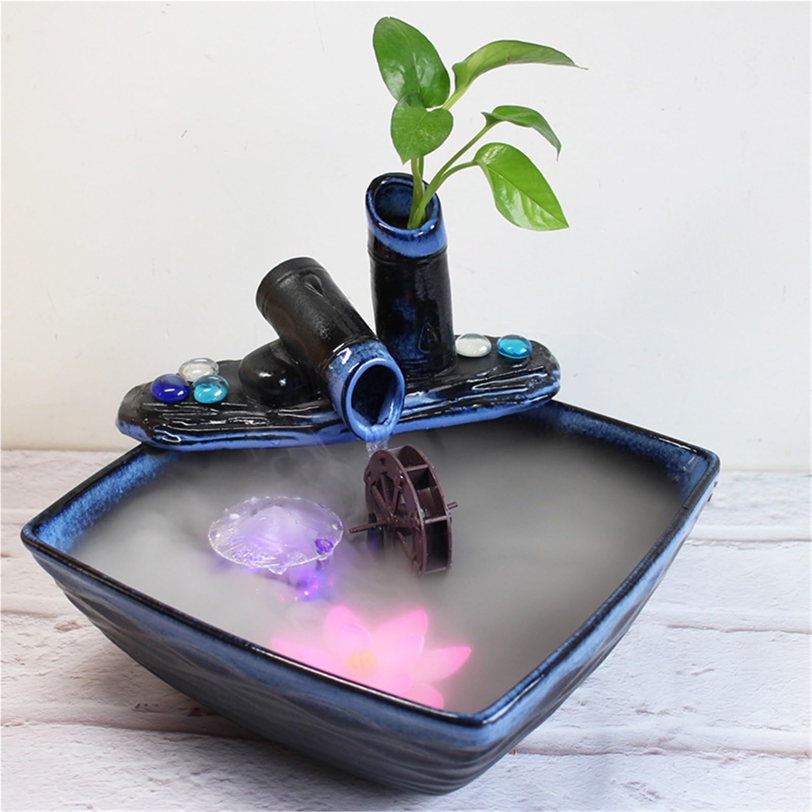 Indoor Tabletop Fish Tank Fountain with Flowing Water and LED Mist – Feng Shui Aquarium Decor with Plant Pot and Wheel Feature(C)