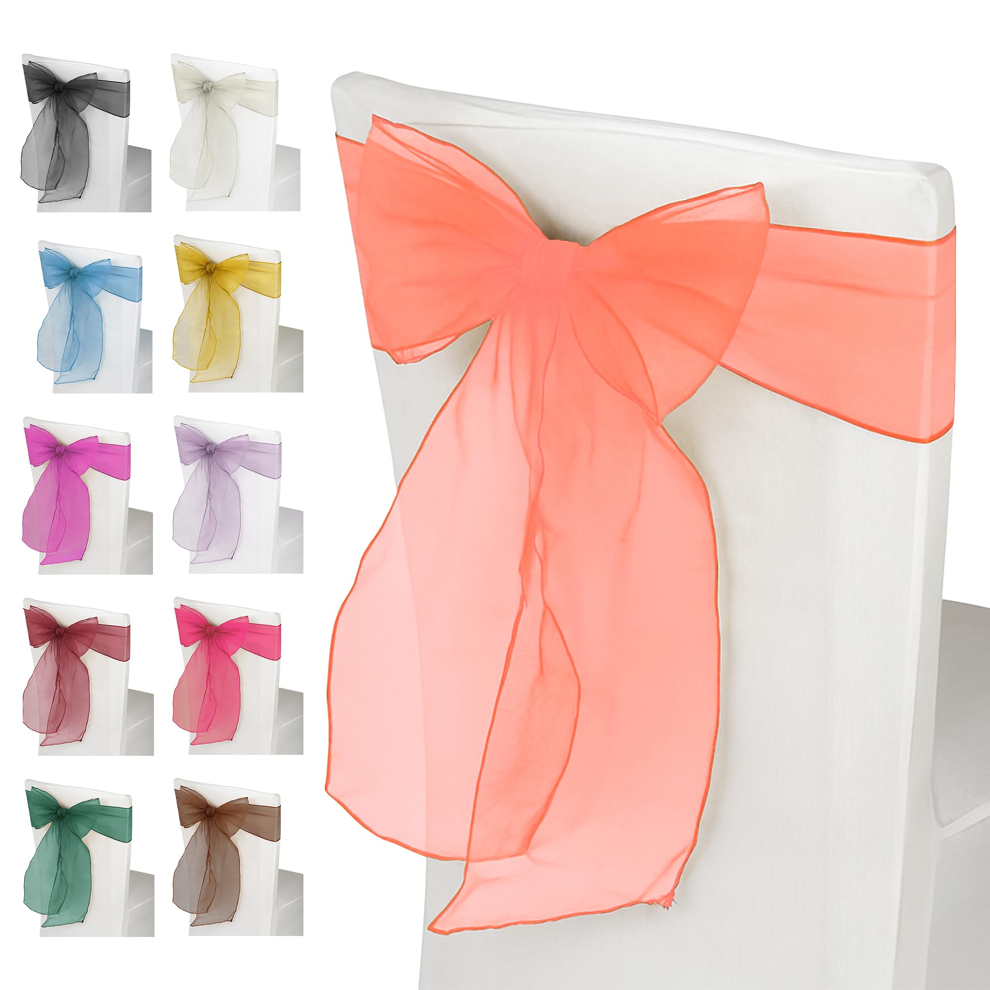 WedDecor 25pcs Organza Sashes, Chair Covers Fuller Bow, Coral Orange โ image 1