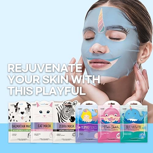 Miniatura 4 de Epielle Máscaras de hojas de personajes  Dálmata, cebra, gato, tiburón, narval, escamas de sirena  Máscara de spa de animales  Máscara de belleza