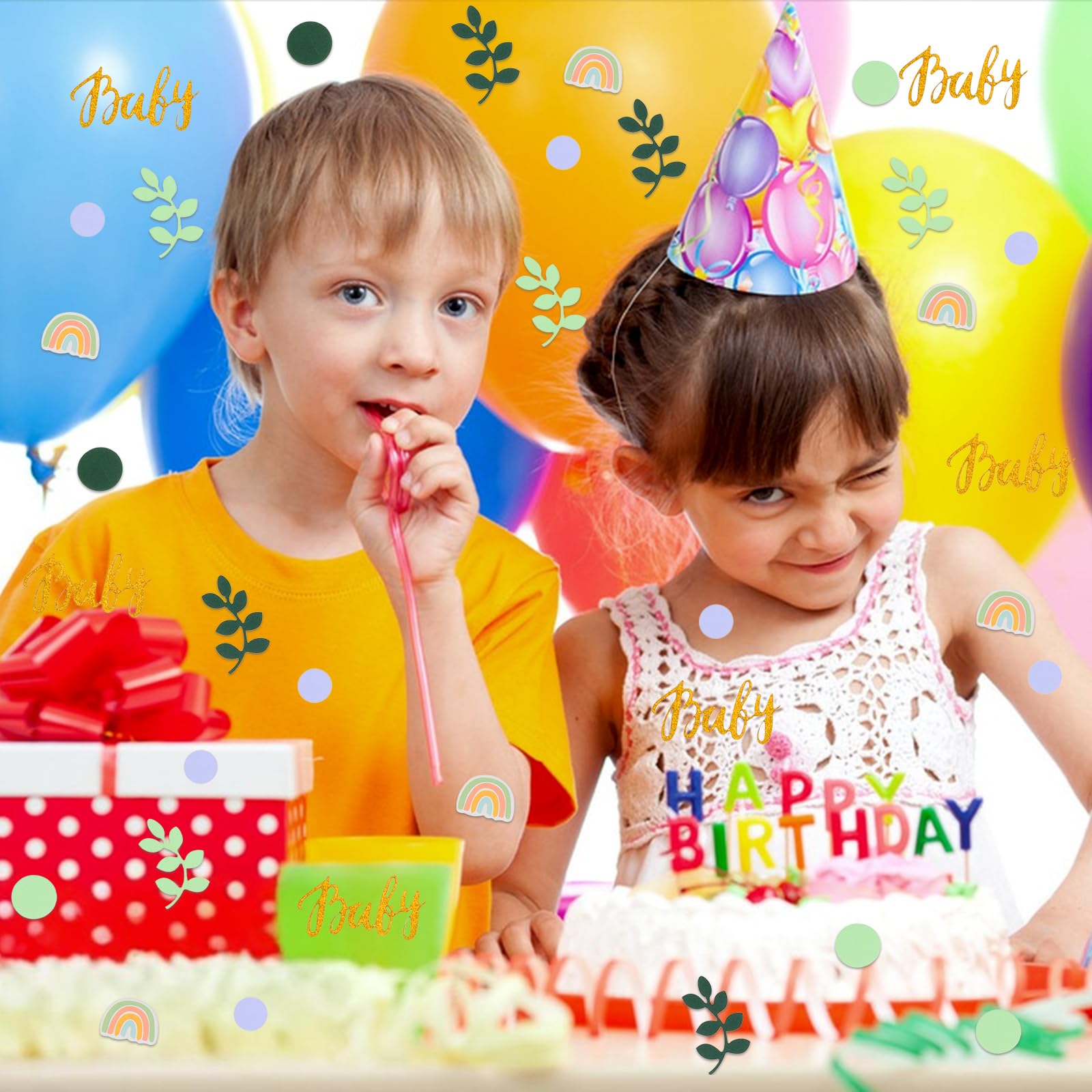 200 Stück Babyparty Konfetti Set – Grün, Gold, Regenbogen, Für Tischdeko, Ballons & Kuchendekoration