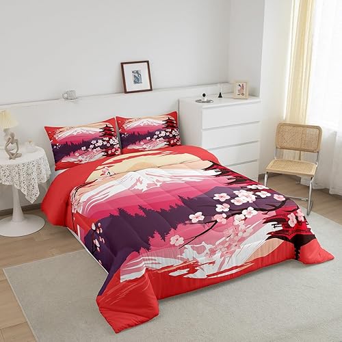Miniatura 9 de Juego de ropa de cama estilo tinta japonesa, juego de ropa de cama de flor de ciruelo rojo, tamaño individual, para mujeres y niñas, con diseño de