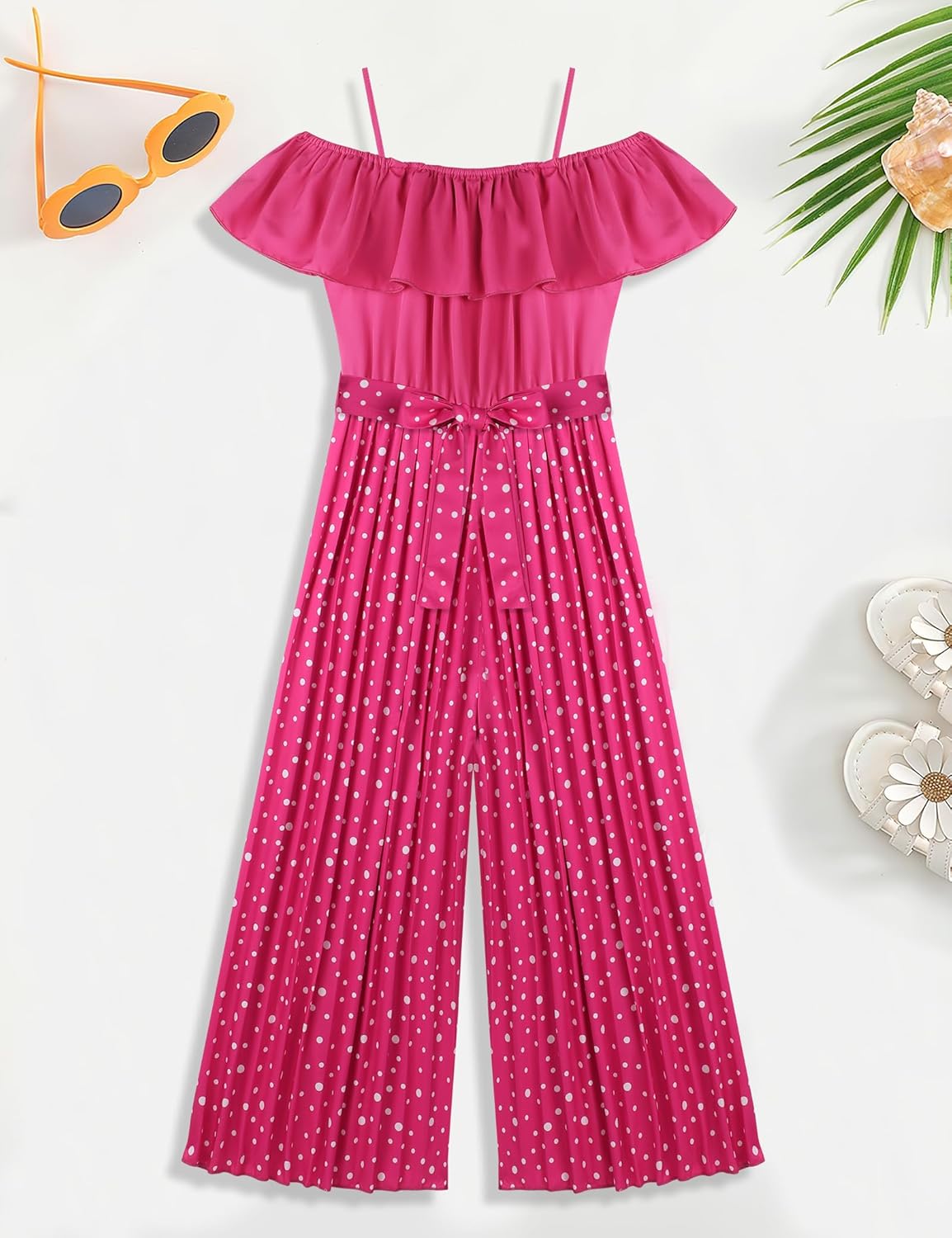 oklady Girls' Jumpsuits Belted Ruffle Top High-waisted Wide Leg Pleated Pants One Piece Outfit - Image 4
