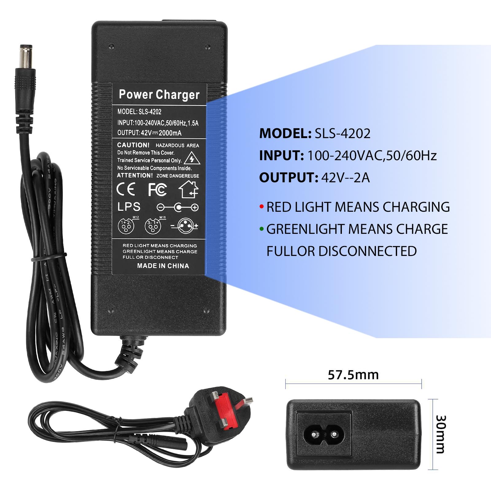 42V 2A Caricatore Monopattino Elettrico，36V Caricabatterie Universale Batterie Litio per Bici Elettrico，Caricatore rapido per Bici Elettrica, Scooter Elettrici DC2.1×5.5MM
