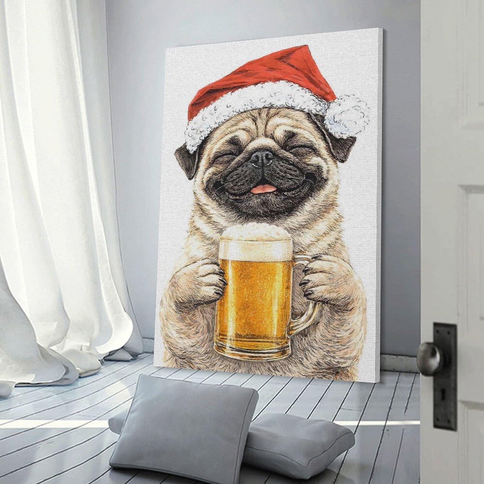 Junmoney Frame-Style Canvas Wall Picture Happy Pug In Santa Hat With Beer, 20X30inch(50X75cm), For Hallway, Bedroom Or Modern Interiors, Home Decor Gift With Stylish Appeal