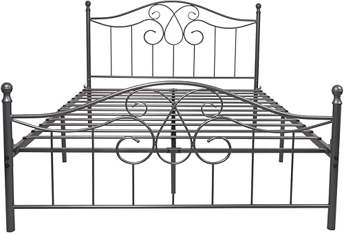 Miniatura 7 de YALAXON Marco de cama de metal resistente vintage tamaño Queen con cabecero y estribo, base de cama básica, no necesita somier (Queen, gris plateado)