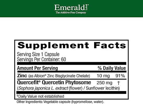 Miniatura 2 de EMERALD LABS Quercetin Phytosome Plus - Suplemento vegano antioxidante y de apoyo inmunológico - Contiene quercetina y zinc - 60 cápsulas vegetales