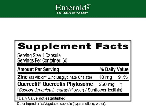 EMERALD LABS Quercetin Phytosome Plus - Vegan Antioxidant & Immune Support Supplement - Contains Quercetin & Zinc - 60 Vegetable Capsules (60-Day Supply)