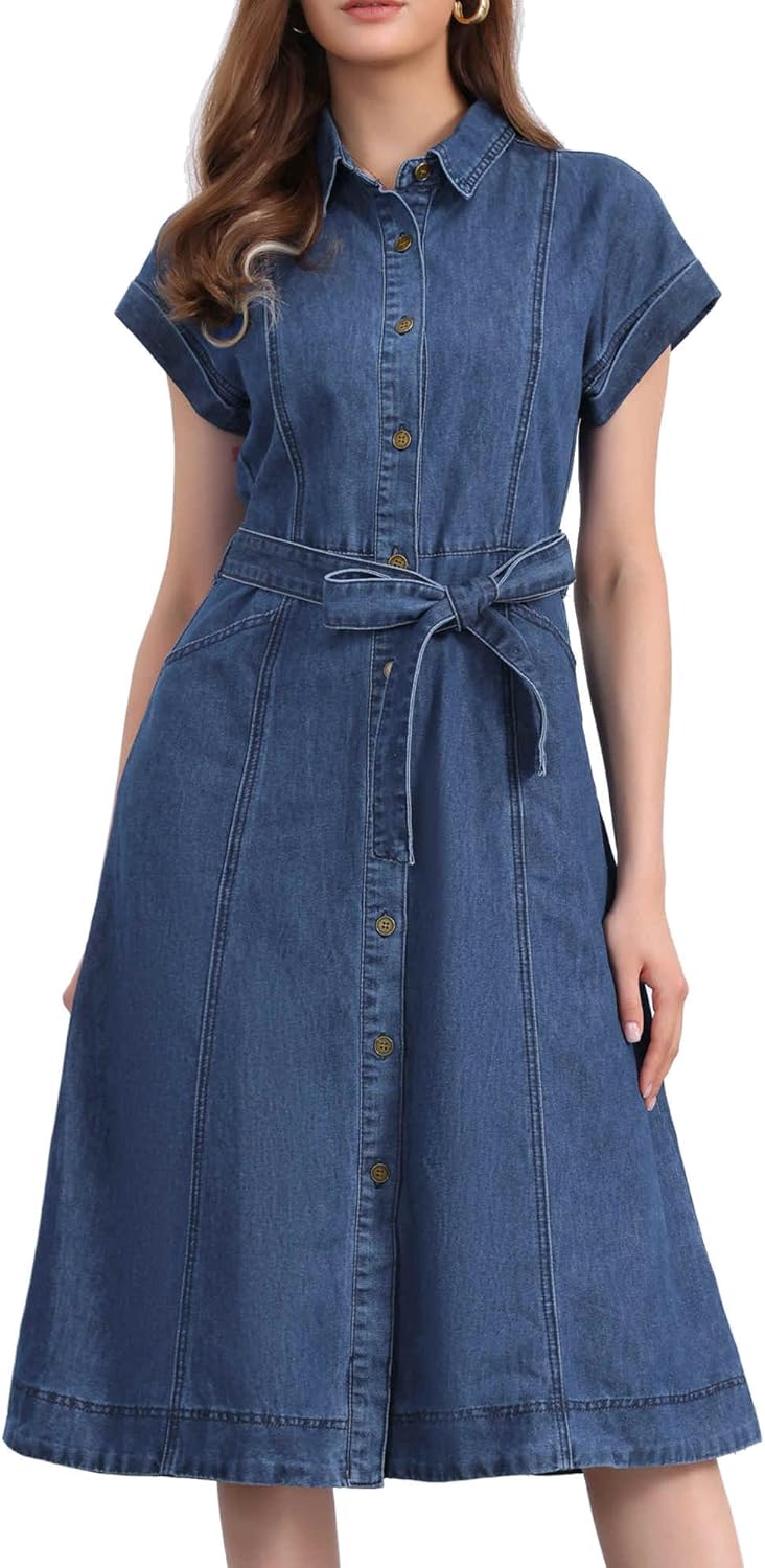 Allegra K Denim Shirt Dress for Women's Casual Button Down Short Sleeves Belted Jean Midi Dress 2025 Trendy Outfits