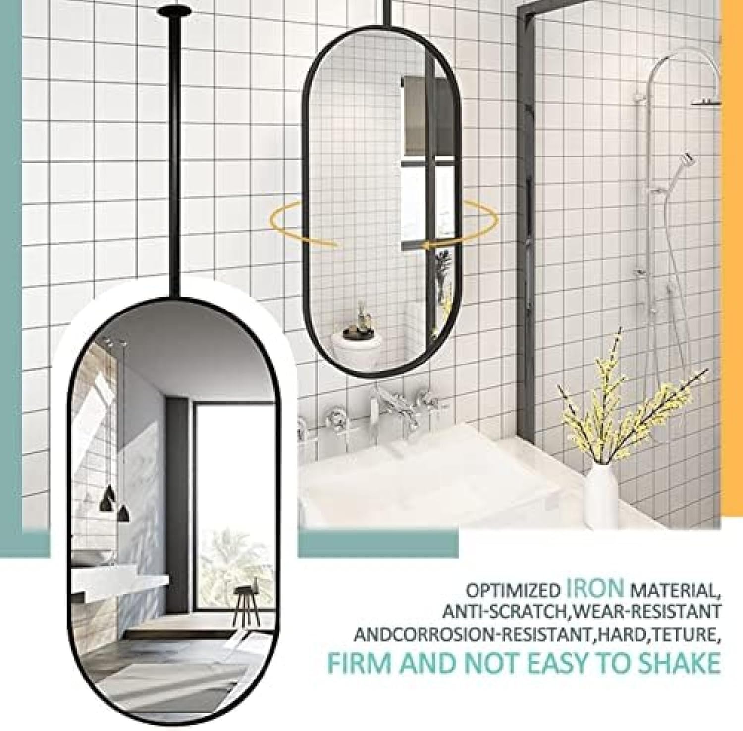 Specchio Ovale con Cornice in Metallo Nero Specchio Appeso A Soffitto Bagno Galleggiante Specchio Decorativo da Parete Specchi da Toeletta Specchi da Barba Cosmetici per Il Trucco P, 40cmx60cm