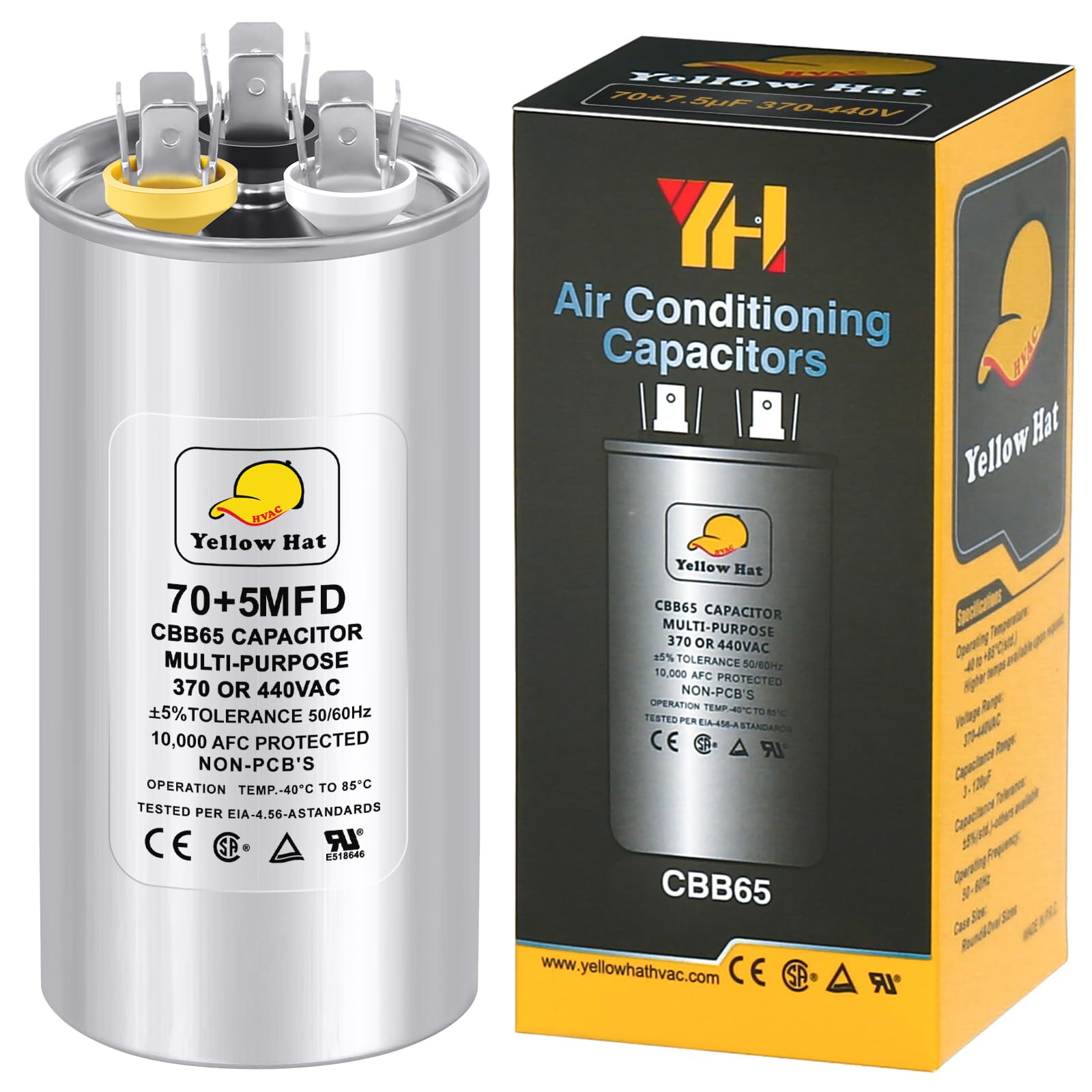 Capacitor for Air Conditioner 70+5 uf MFD 370 or 440 Volt VAC, Multi-Purpose Round Capacitor for AC Motor Run or Fan Motor Start or Condenser Straight