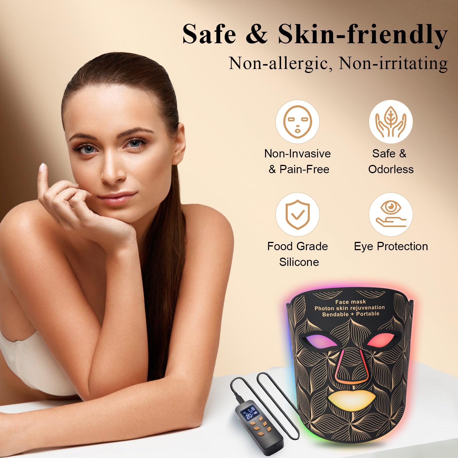 Thérapie par la lumière rouge pour le visage, masque facial LED 7 couleurs, proche infrarouge, 850 nm, appareil portable et rechargeable pour soins de la peau à la maison et en voyage