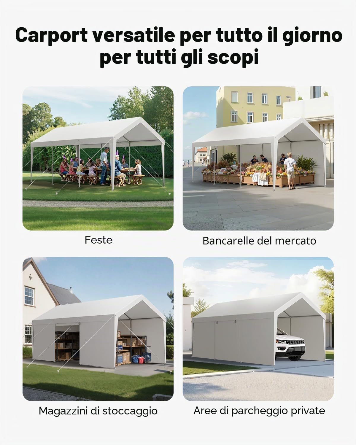 VEVOR Posto Auto Coperto Esterno, Riparo per Auto 3,05 x 6,09 x 2,87 m, Tettoia Potabile con Pareti Laterali e Porta Rimovibili, Resistente ai Raggi UV e all'Acqua, per Auto e Barca, Bianco