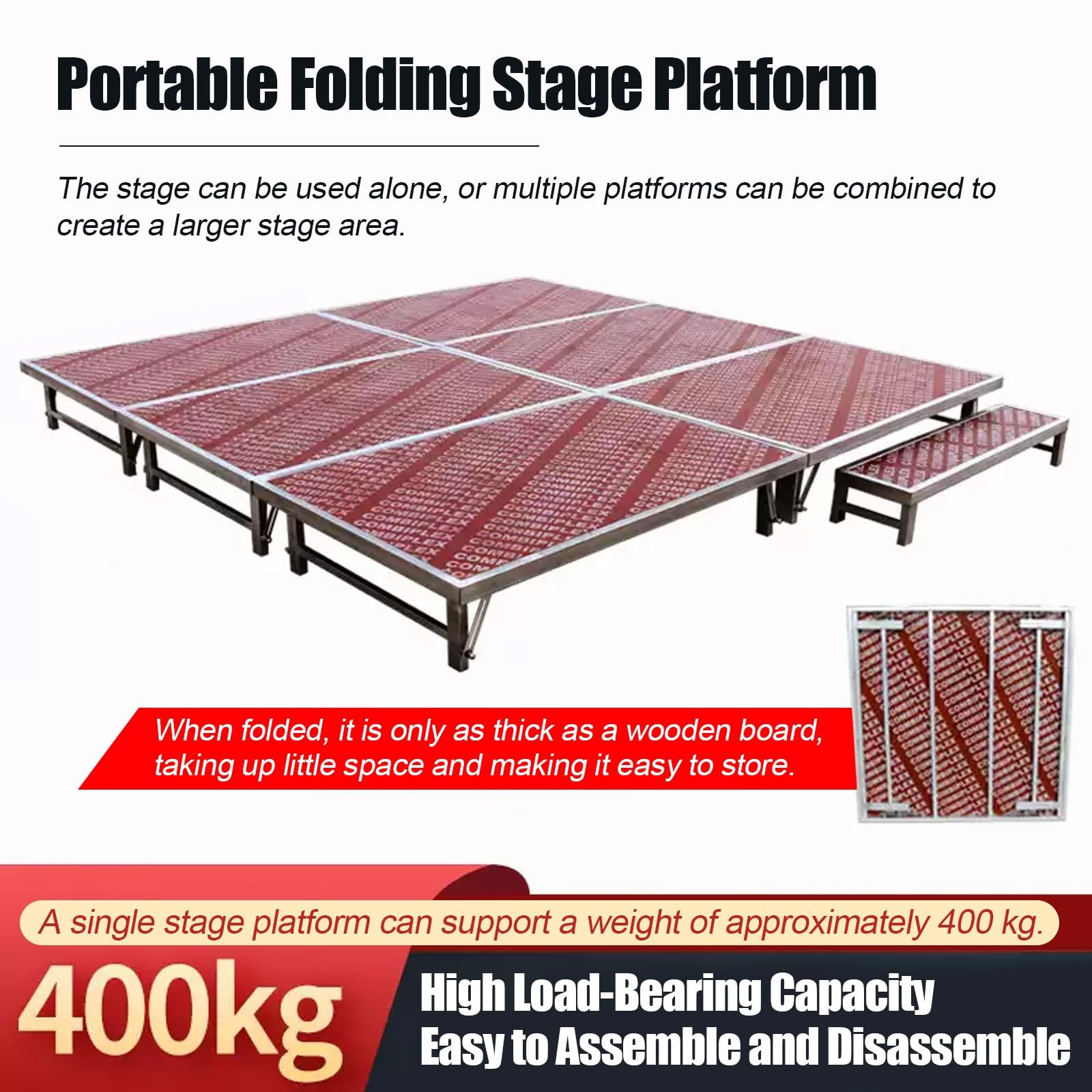 Palco rialzato portatile, modulare e pieghevole, ideale per eventi, concerti, DJ e gruppi musicali, con portata massima di 500 kg(100x128x20cm)