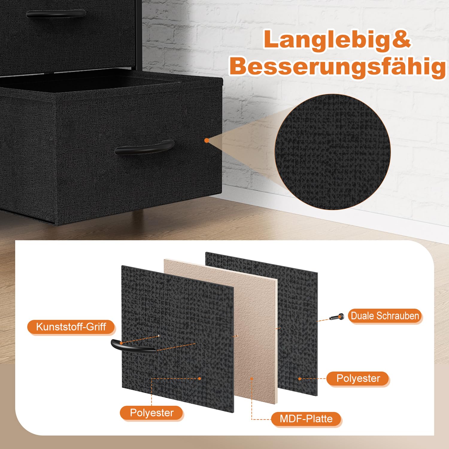 DUMOS Kommode für Schlafzimmer mit Stoffschubladen hohe Organizer für Kleidung Schrank Kinderzimmer