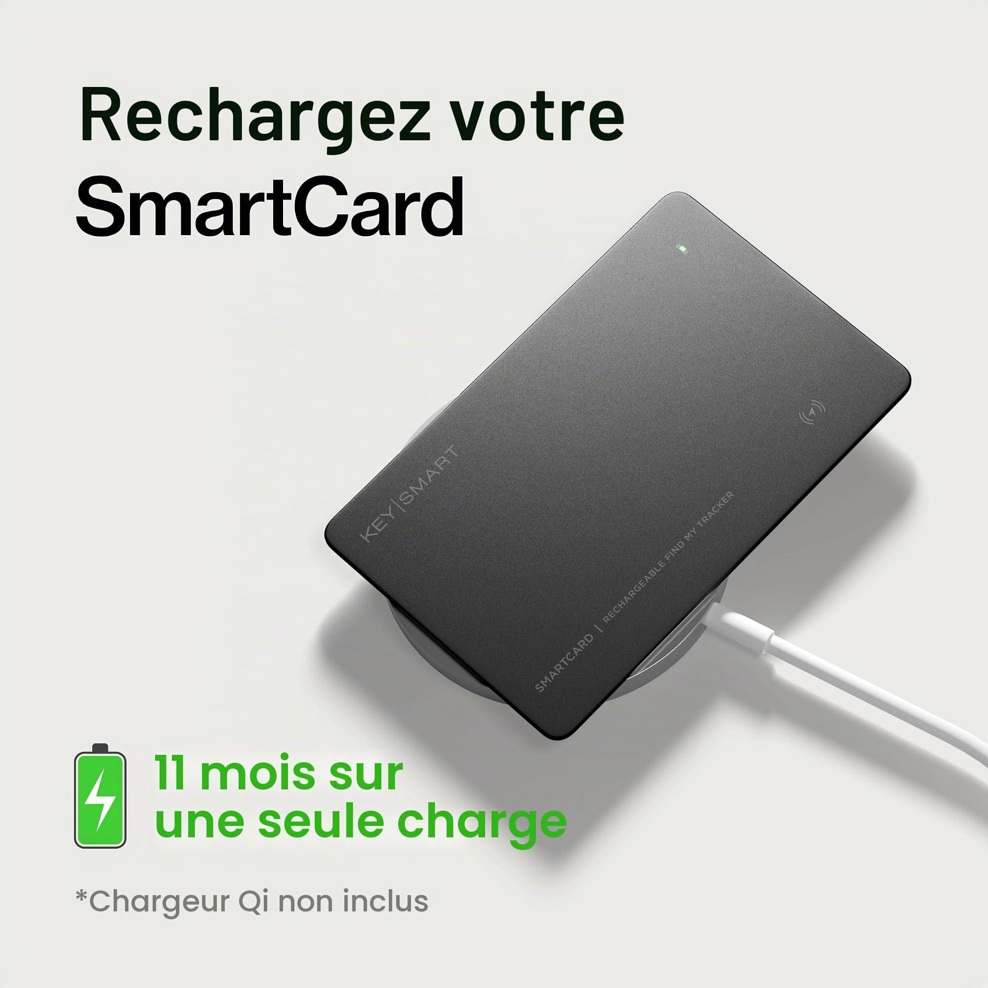 KeySmart SmartCard (Gen 3) Carte de suivi de portefeuille certifiée MFI, double réseau compatible avec Apple Find My et Google Find Hub, localisateur d'articles GPS rechargeable, suivi pour étiquette