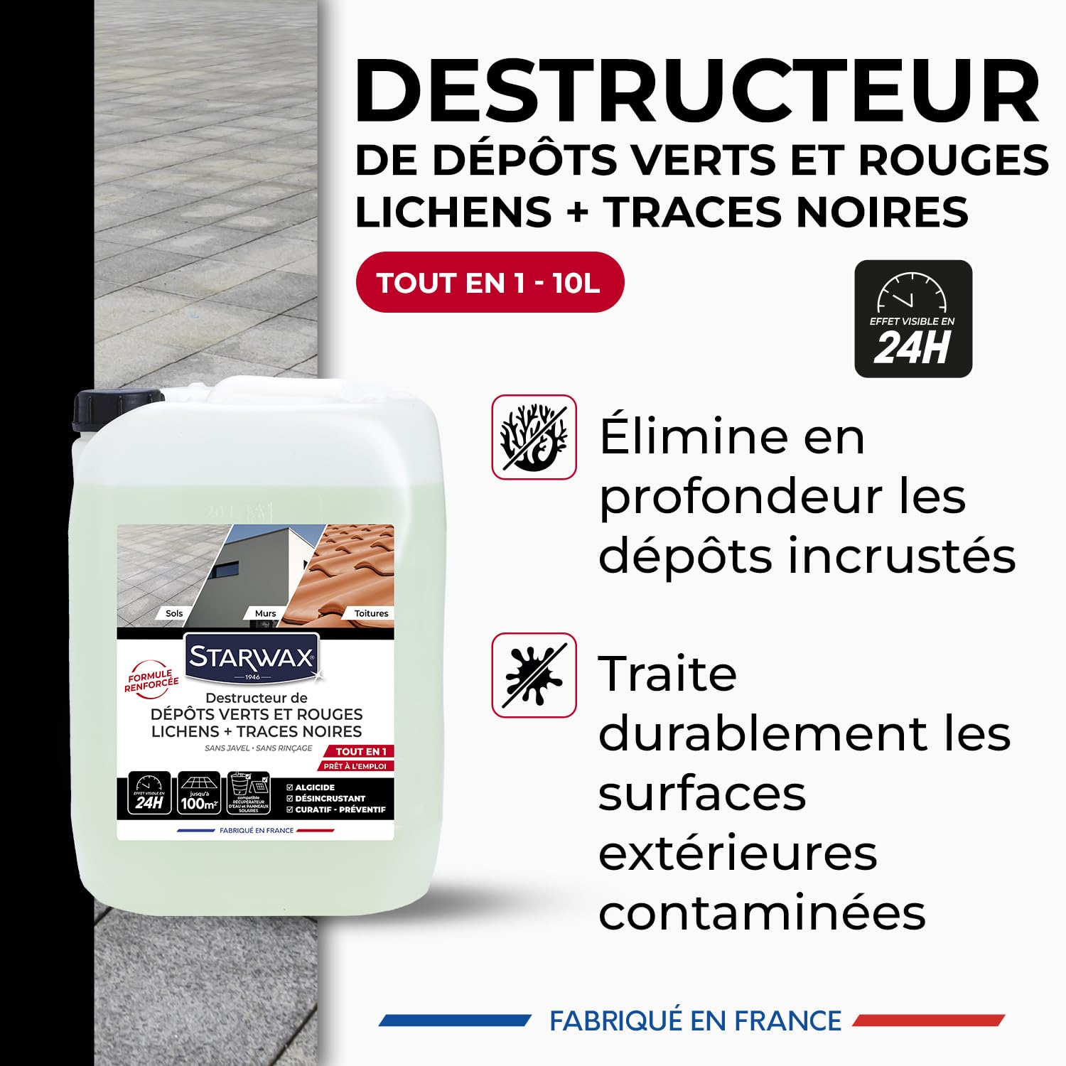 STARWAX Destructeur Tout en un de dépôts verts rouges lichens et traces noires 10L, prêt à l'emploi, toitures murs et sols extérieurs, algicide curatif et préventif, sans javel, rendement 10m²/L