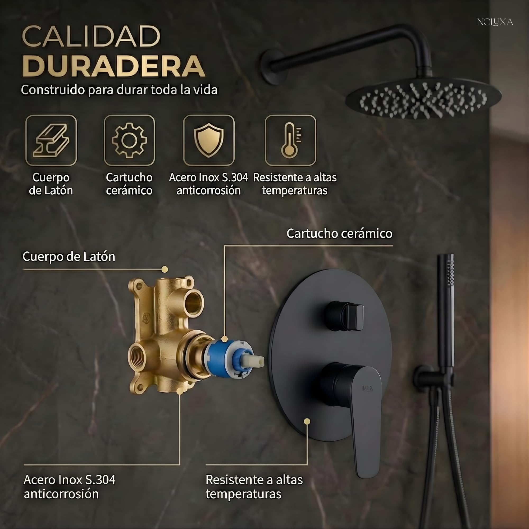 IMEX - Ducha Empotrada Negra Monomando | Conjunto de Grifería Empotrado con Alcachofa y Rociador Antical Efecto Lluvia | Columna Ducha Empotrada con Grifo en Latón y Acero Inox S.304 | Serie Bélgica