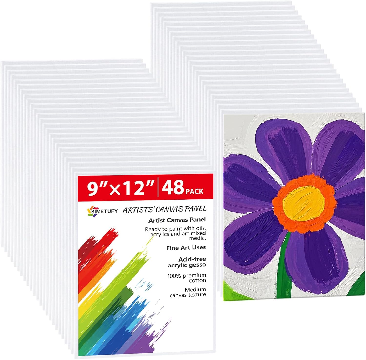 Simetufy 48 Pack 9x12 Inch Canvas Boards, Flat Art Canvas Panels Pre-Primed for Acrylic Painting, 3mm Thick 100% Cotton for Students & Beginners