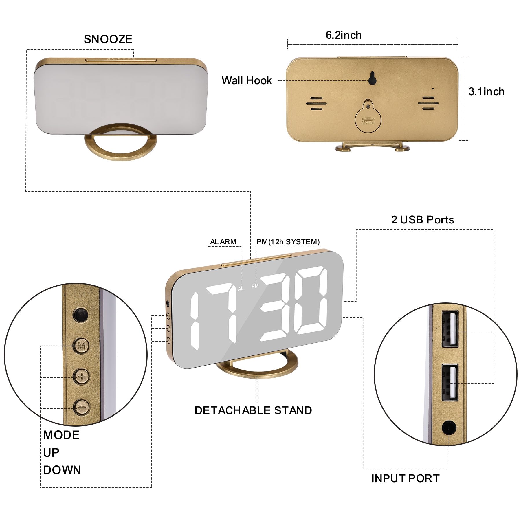 U-picks Sveglia a specchio, Sveglia digitale Ampio display a LED da 6,5 "con modalità di rilevamento della luce, luminosità regolabile, 2 porte di ricarica USB Grande pulsante SNOOZE (oro)