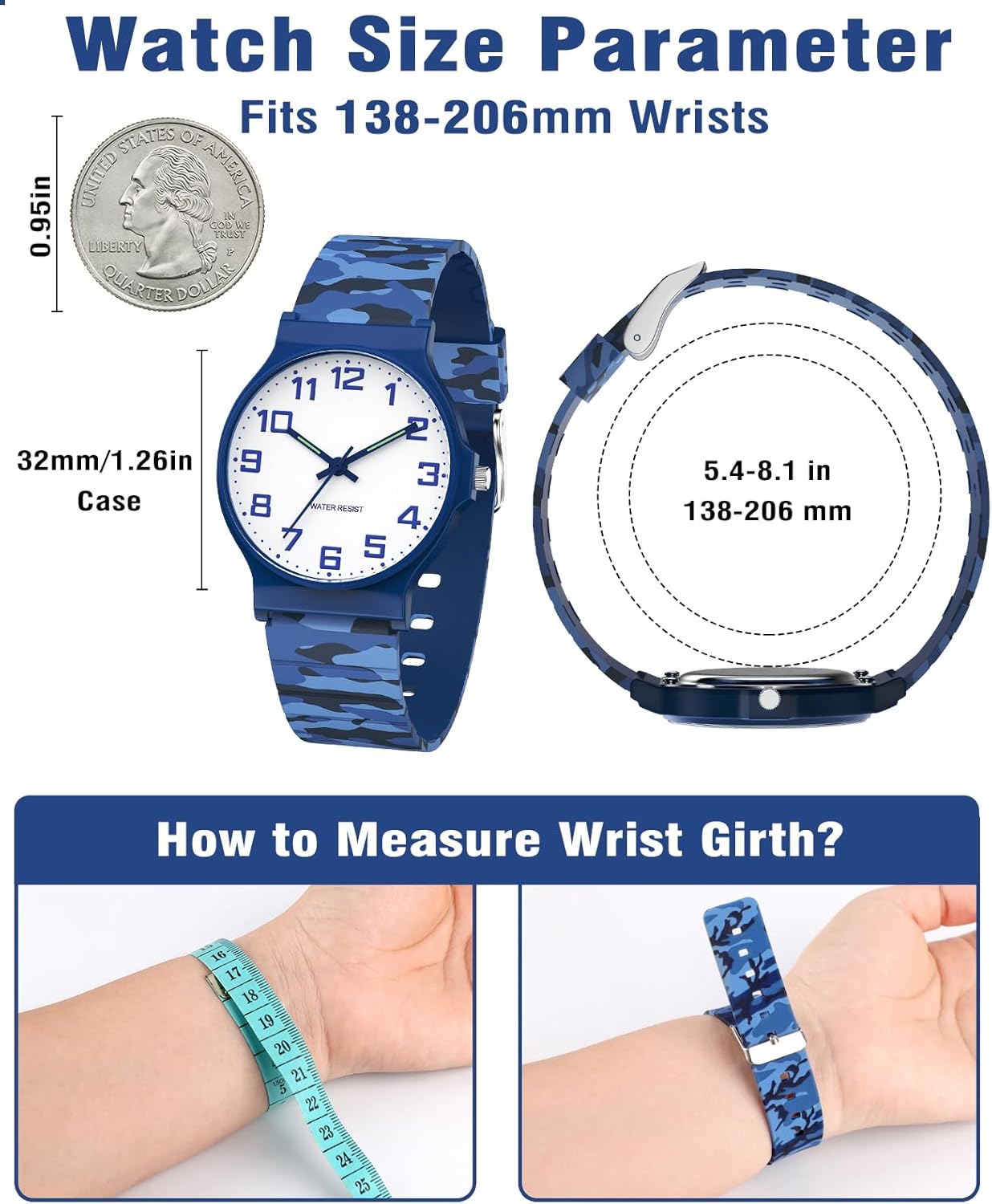 Diagram showing SOCICO watch dimensions and wrist measurement guide
