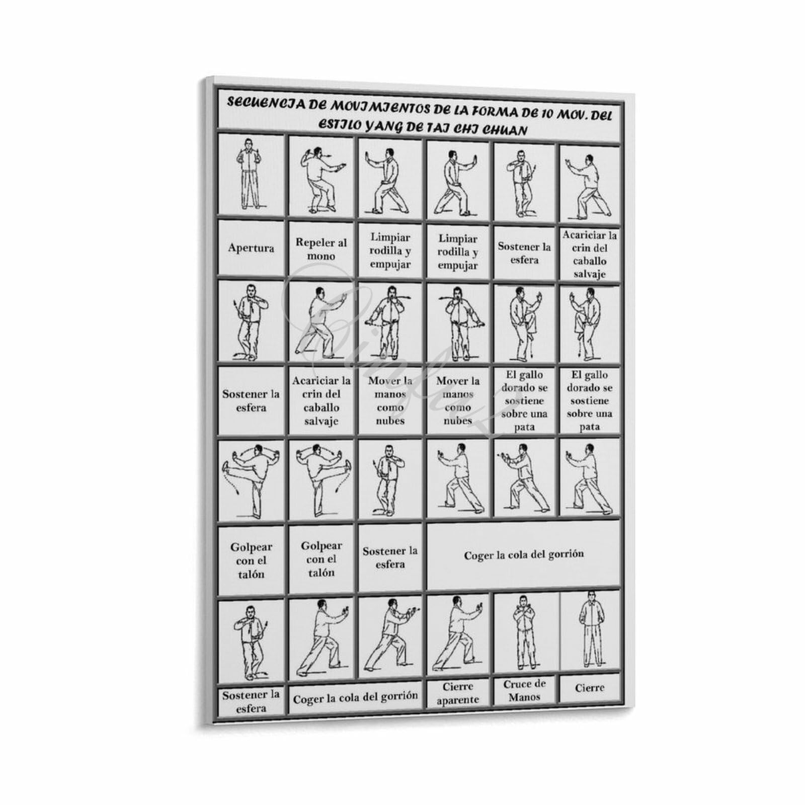 Tai Chi 24 Step Chart Poster Chinese Martial Arts Tai Chi Poster Canvas Painting Wall Art Poster for Bedroom Living Room Decor 16x24inch(40x60cm)
