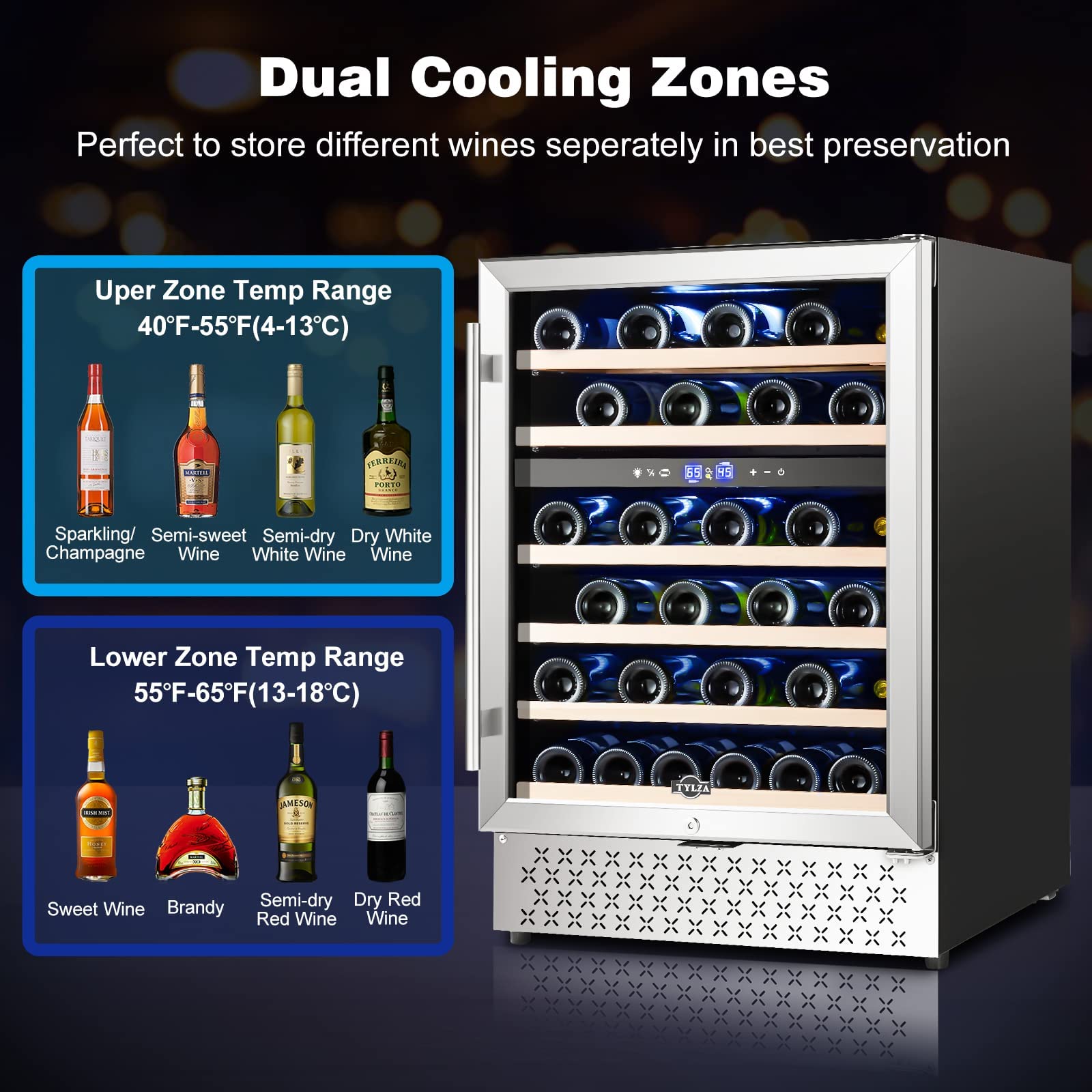 Tylza 24'' Wine Fridge, Dual Zone Wine Refrigerator, 54 Bottles, Lock, Glass Door, Built-in Compressor, 6 Adjustable Shelves, Undercounter or Freestanding, Wine Cooler Refrigerator for Home Bar Office on Fridge.com