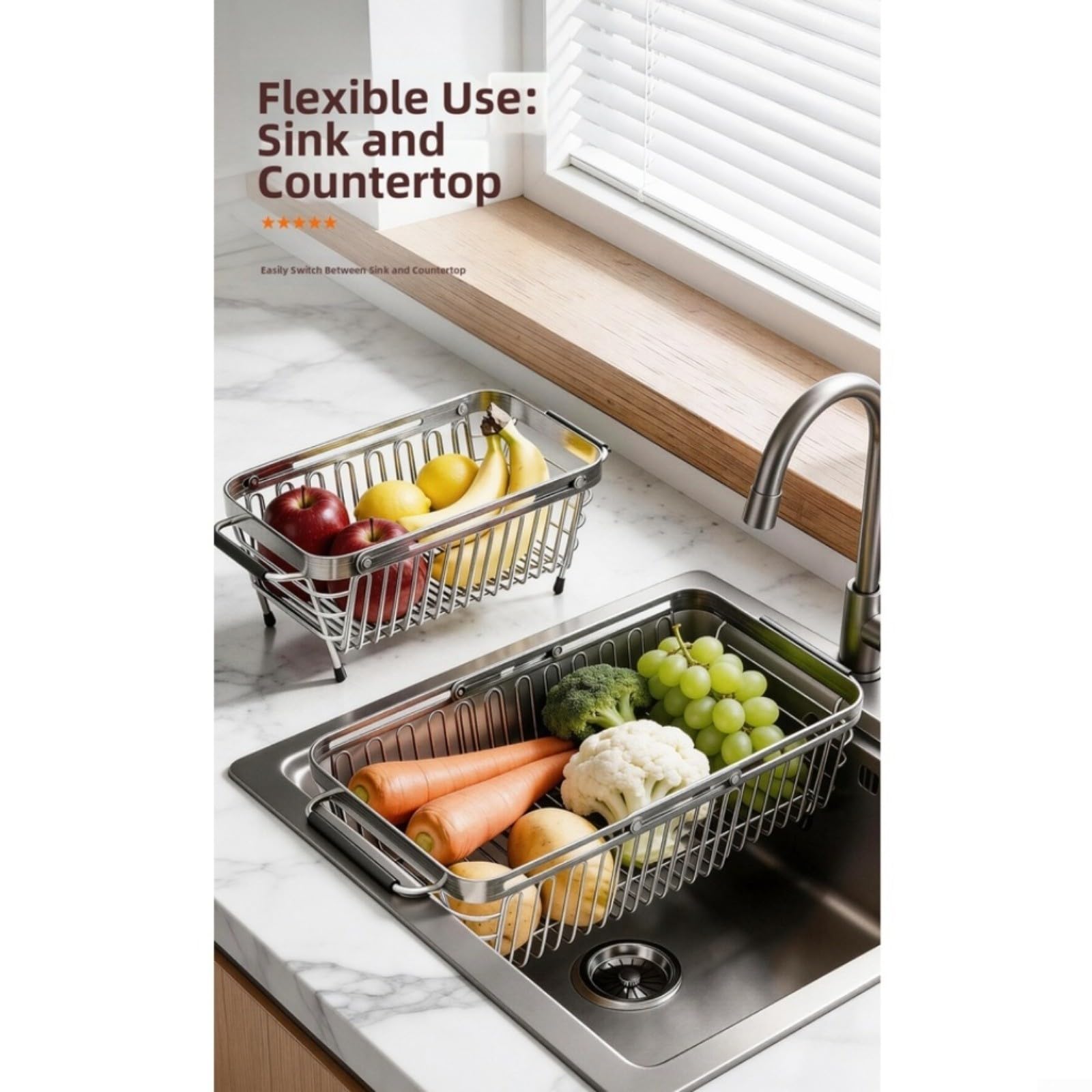 Égouttoir réglable en acier inoxydable 304 pour évier de cuisine – Égouttoir à vaisselle pliable avec poignées antidérapantes, extensible de 25 à 41 cm, argenté (grand)