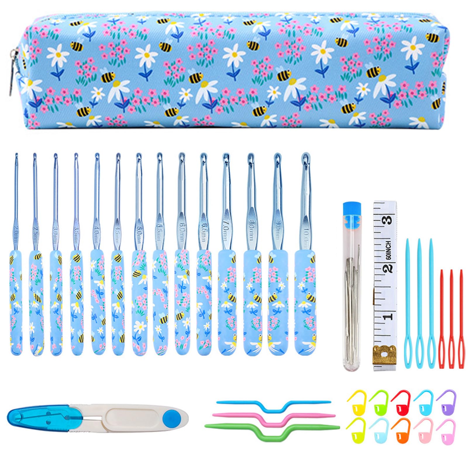 carotoe 12Pcs Aluminum Crochet Hook for Adult 2.0mm-8.0mm Ergonomic Handle Crochet Hook Includes Knitting Accessories and Case Soft Grip Needle