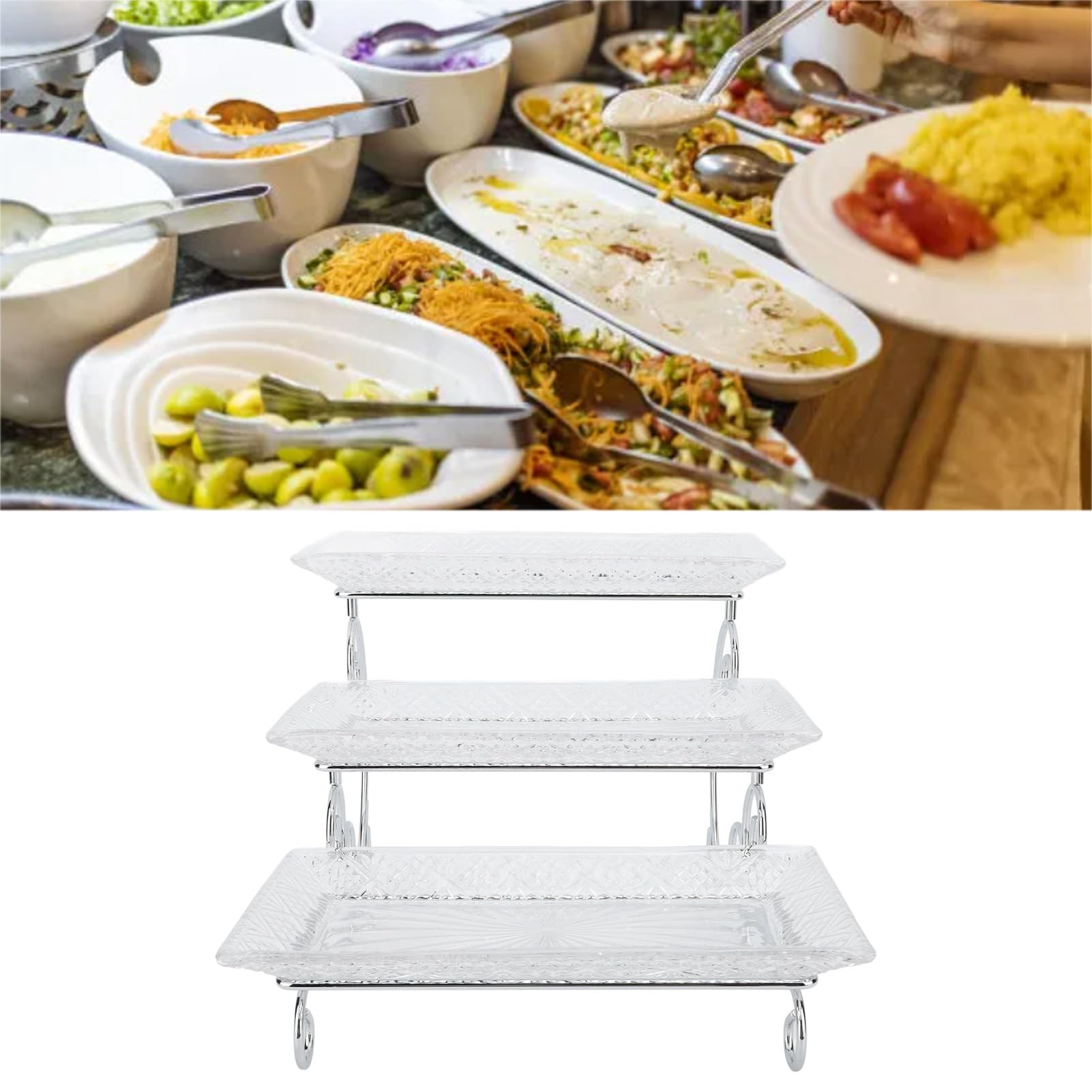 Alzata da Portata a 3 Livelli Elegante Espositore da Buffet in Vetro per Dessert Torte Feste Acciaio Inossidabile 3 unità