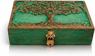 Handmade Wooden Jewelry & Keepsake Box, Decorative Storage Box, 8 x 5 Inch | Green wash finish, strong hinges, stores trinkets, photos, ticket stubs, watches, keys, coins, home décor accent & gift idea