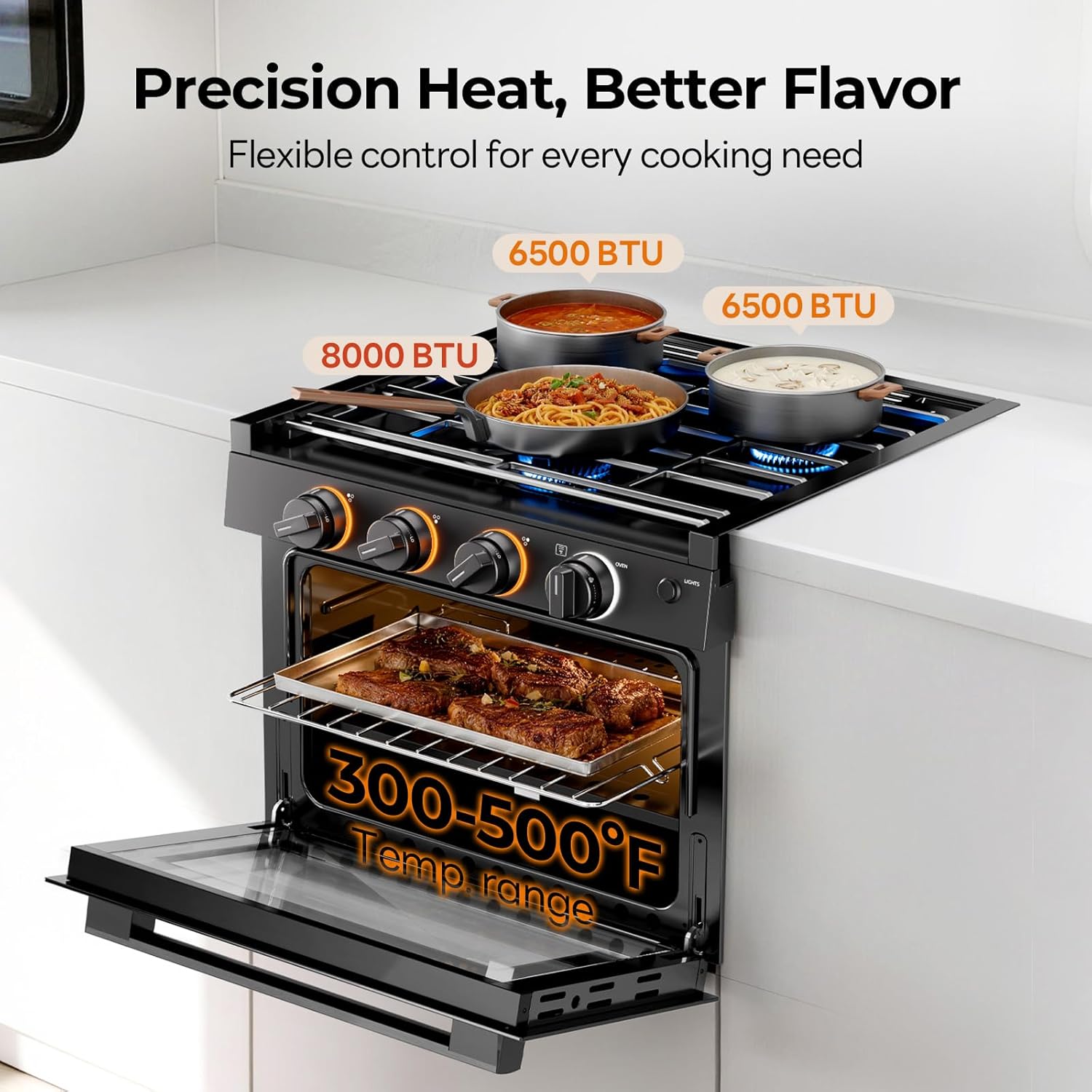 FOGATTI RV Oven Stove Combo 17 Inches Gas Propane Range 3 Burners Cooktop(8000 BTU 6500 * 2 BTU + Oven 7100 BTU), Security protections for RV Tiny House Wooden Cabin Yachts