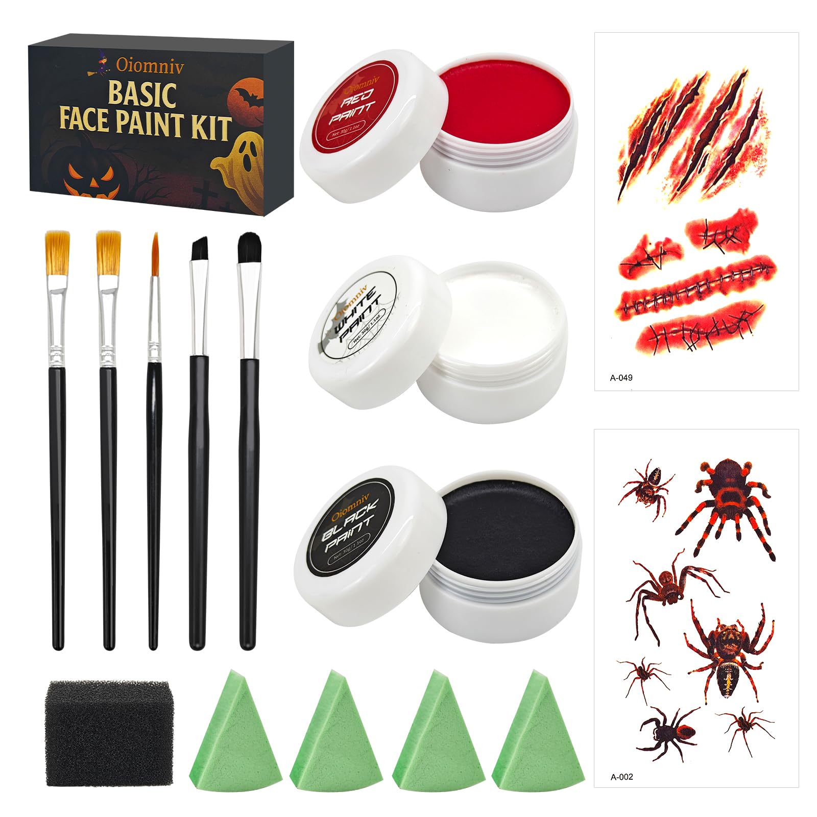 Oiomniv Kit Maquillaje Halloween 15 Piezas Cara Cuerpo Negro Blanco Rojo
