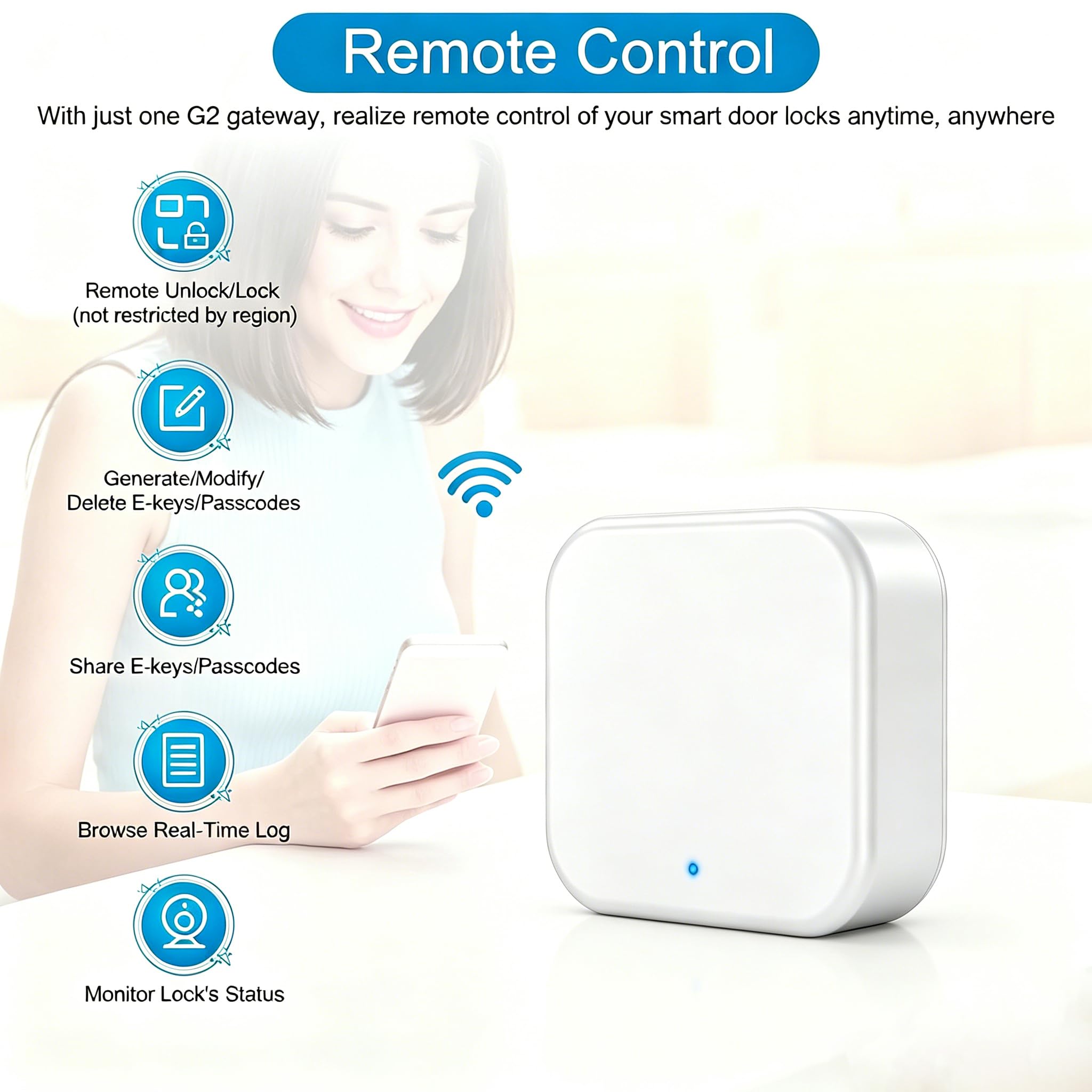 Gateway Wi-Fi Gateway Gateway Bluetooth per TTLock, Bluetooth Keyless Entry Serratura elettronica Wi-Fi Bridge, Hub G2, Telecomando Smart Fingerprint Lock, Lavora con controllo vocale Alexa