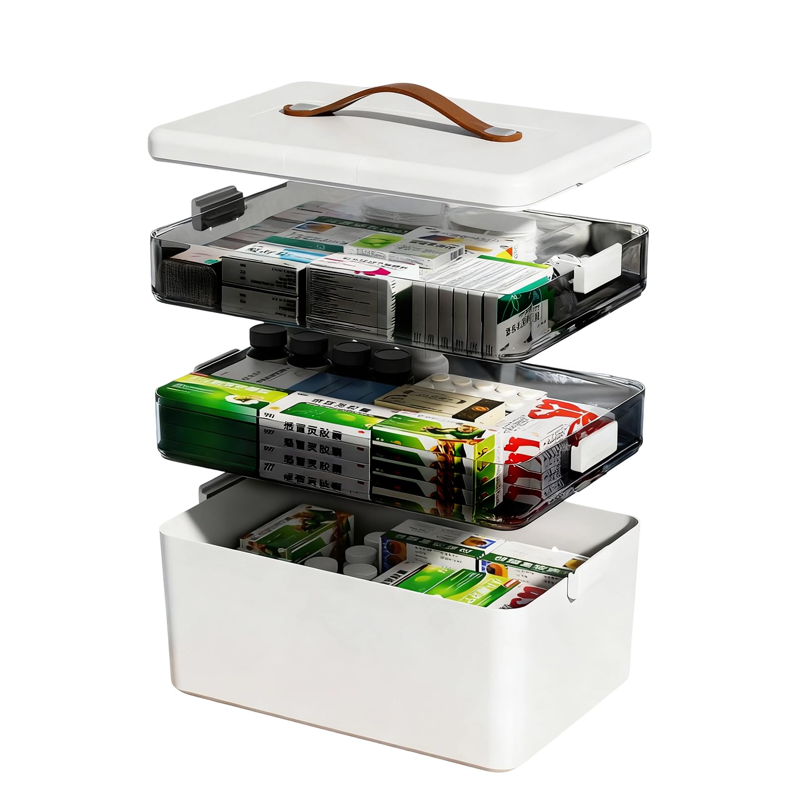 Yolispa Scatola per Medicinali, 3 Piani Porta Medicine, contenitore per medicinali, Porta Medicine da Casa con Organizzatore Settimanale per Pillole (Bianco con portapillole nero trasparente)