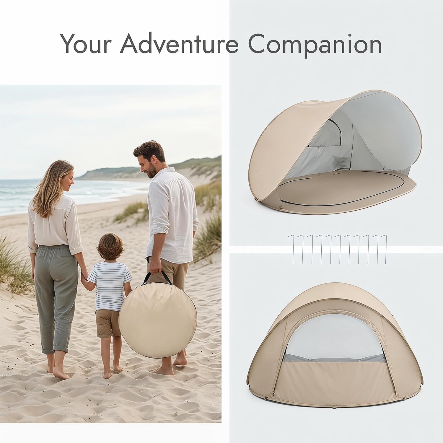Tente de Plage Pop Up 3-4 Personnes, Abri de Plage UPF 50+ avec Tapis de Sol Amovible, Tente Pare-Soleil Portable pour Camping, Pique-Nique, Jardin et Extérieur (Beige)